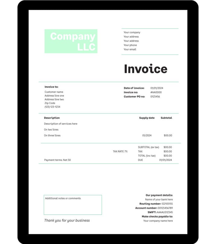 A sample invoice for a service-based LLC