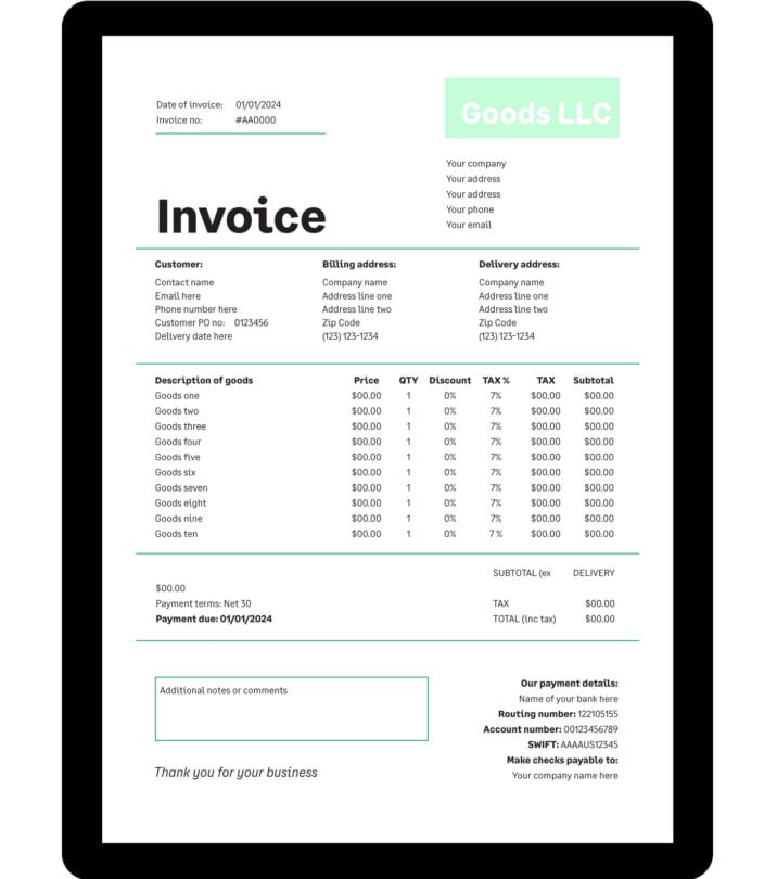 A sample invoice for goods-based LLC