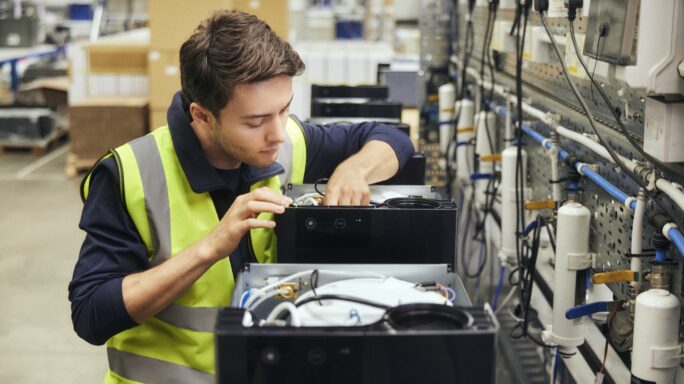 Une jeune homme avec un gilet jaune travaille dans un hangar